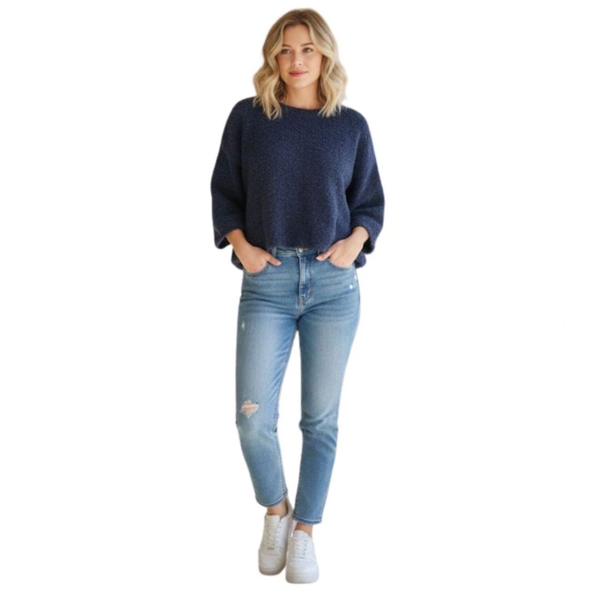 Sweter damski Undercolors Of Benetton krótki granatowy miękki z wełną-M/L