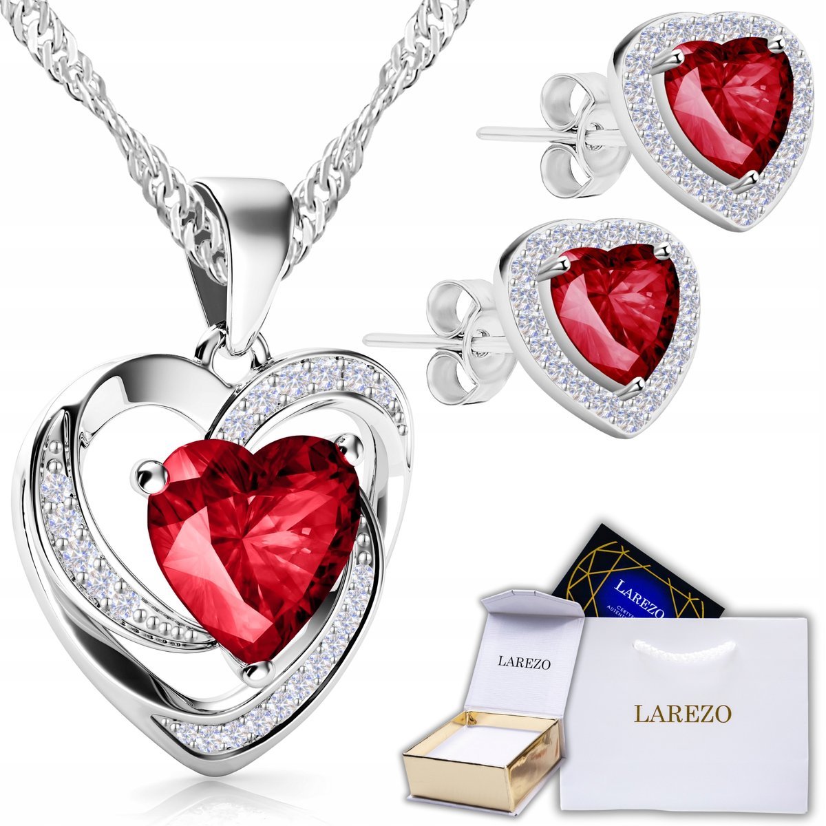 Zestaw Srebrny Naszyjnik Serce i Kolczyki 925 Czerwone Kryształowe Serca