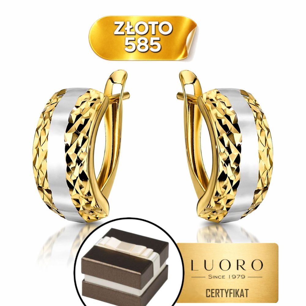 KOLCZYKI ZŁOTE 585 14K ZAOKRĄGLONE DIAMENTOWANE BIAŁE RODOWANIE 14 MM