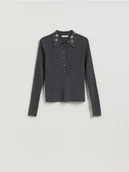 Bluzki damskie - Reserved - Bluzka z ozdobnym kołnierzem - ciemnoszary - miniaturka - grafika 1