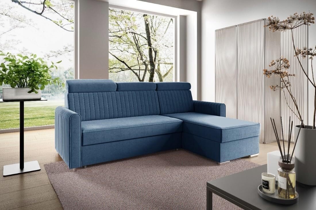 LIKMA Narożnik 213 cm Ciemnoniebieski Rozkładany NELI Kształt L z Funkcją Spania (190x125 cm) i Pojemnikiem na Pościel Sofa z Regulowanymi Zagłówkami