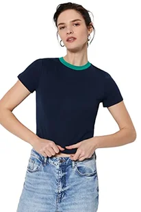 Trendyol Damska koszulka z dzianiny slim fit basic z okrągłym dekoltem, granatowy, L - Koszulki i topy damskie - miniaturka - grafika 1
