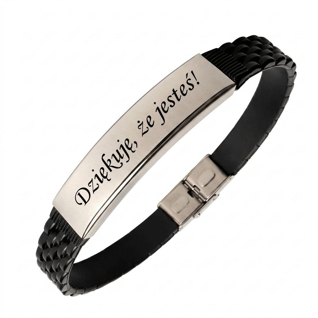 Bransoletka męska z grawerem kauczuk stal chirurgiczna srebrna
