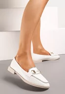 Półbuty damskie - Białe Półbuty w Stylu Loafersów z Perforacją Drobnymi Cyrkoniami i Klamrą Keryth - miniaturka - grafika 1