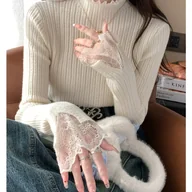 Swetry damskie - TEMU Elegancki sweter damski z koronkowym wykończeniem i wysokim dekoltem - Miękki zimowy top z kontrastowym koronkowym kołnierzykiem, przytulny - miniaturka - grafika 1