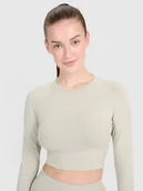 Koszulki sportowe damskie - 4F Longsleeve treningowy crop-top z wycięciem na plecach damski - beżowy M/L - miniaturka - grafika 1