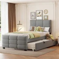 Meble do sypialni - Łóżko wysuwane 90 x 190 cm + 90 x 190 cm z zagłówkiem - Tkanina aksamitna - Maksymalne obciążenie 150 kg - Szare (Materac nie jest wliczony w cenę) - miniaturka - grafika 1