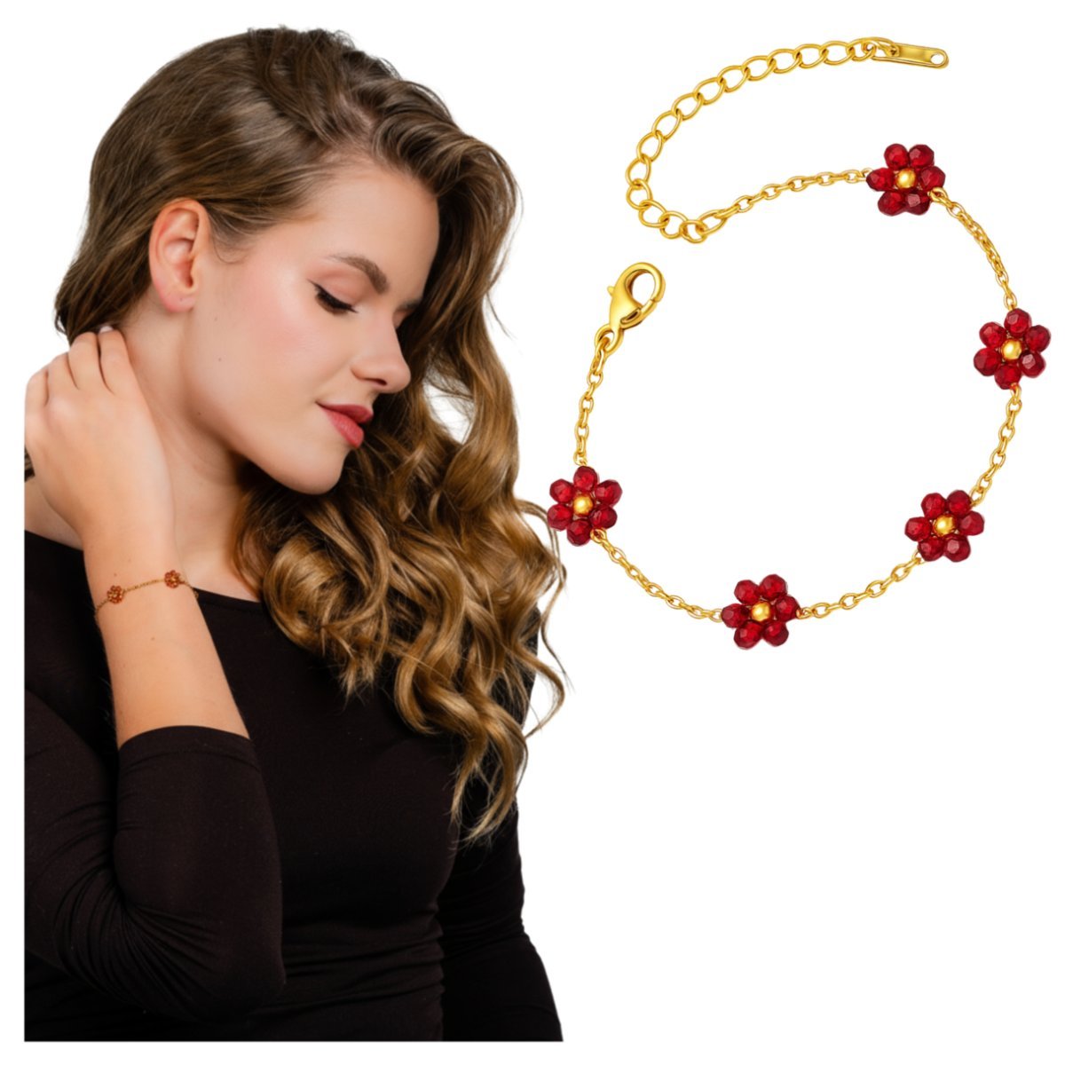 Bransoletka Złota Z Koralikami Stal Chirurgiczna 316L Kwiatki Pozłacana