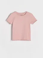 Koszulki dla dziewczynek - Reserved - Prążkowany t-shirt z haftem - brudny róż - miniaturka - grafika 1