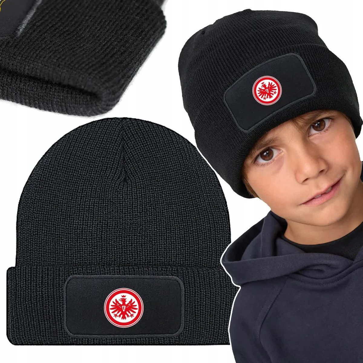 Czapka Zimowa Unisex Czarna Eintracht Frankfurt Piłka Kluby Football Wzory