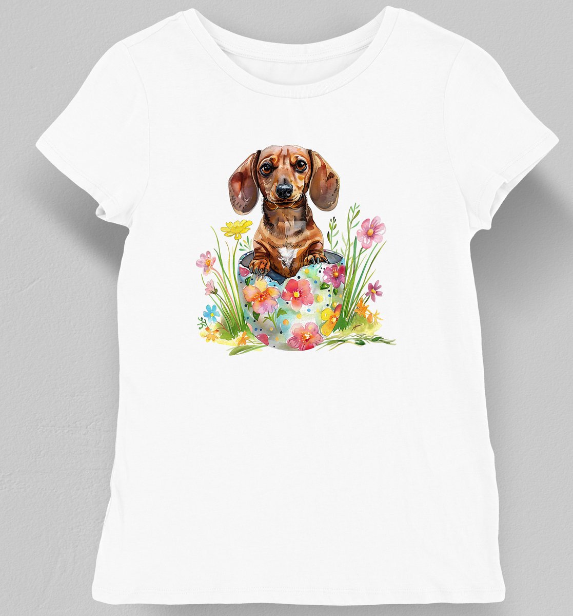 Koszulka damska z jamnikiem w kwiatach biała XL