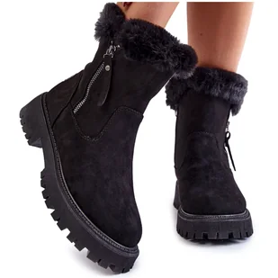 Vinceza Zamszowe Botki Z Futerkiem Na Suwak Czarne Rezan - Botki damskie - miniaturka - grafika 1