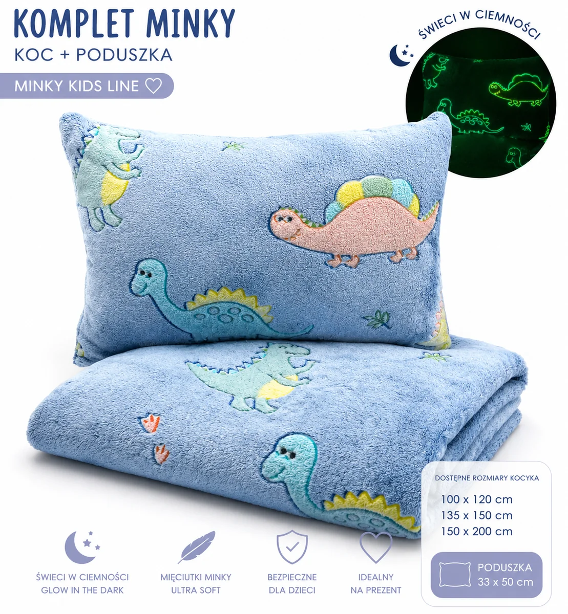 Komplet MINKY koc150x200 Poduszka kolorowe dinozaury świecące w ciemności