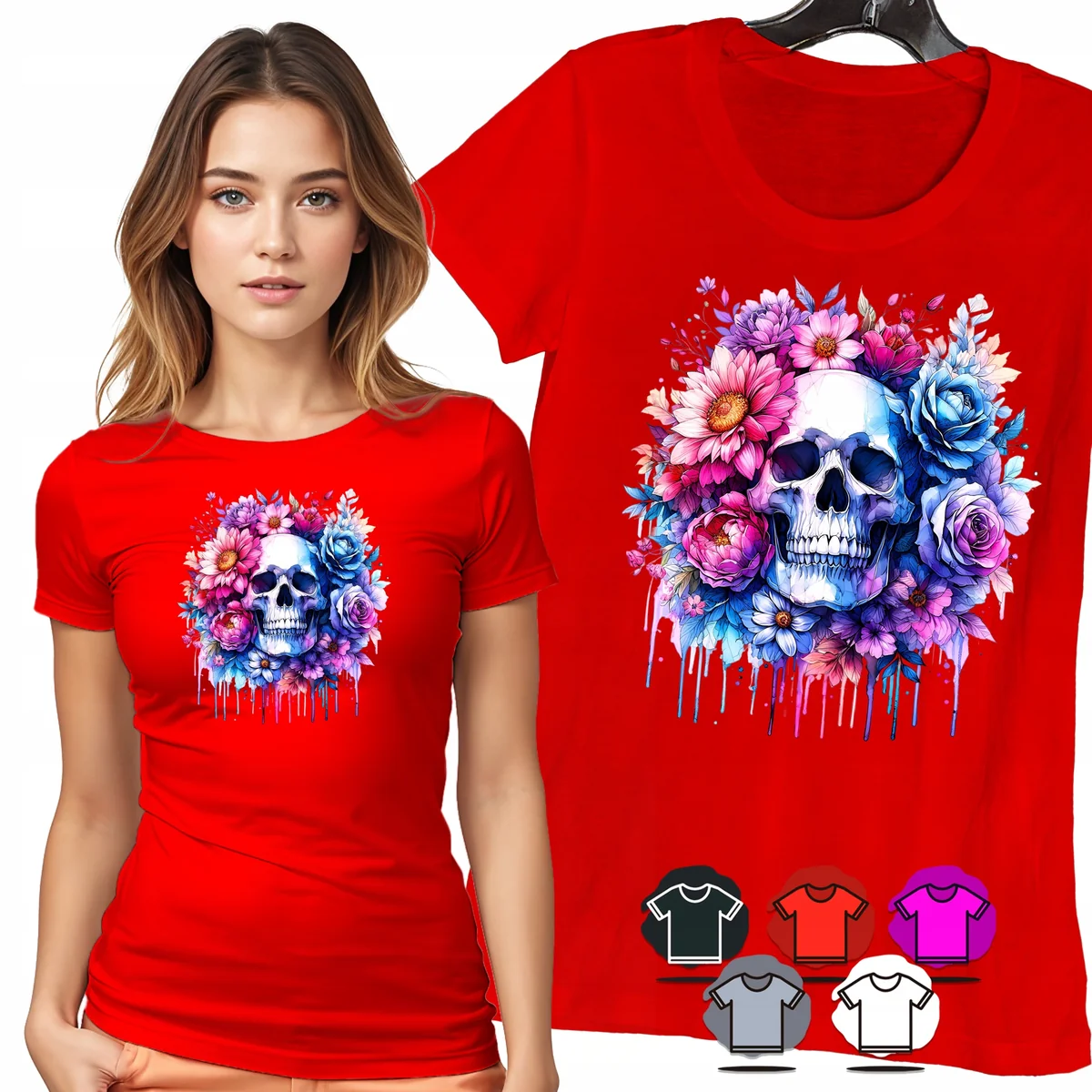 KOSZULKA DAMSKA T-SHIRT - CZASZKA RÓŻE I KWIATY AKWARELA WZÓR DAMSKI - 3XL