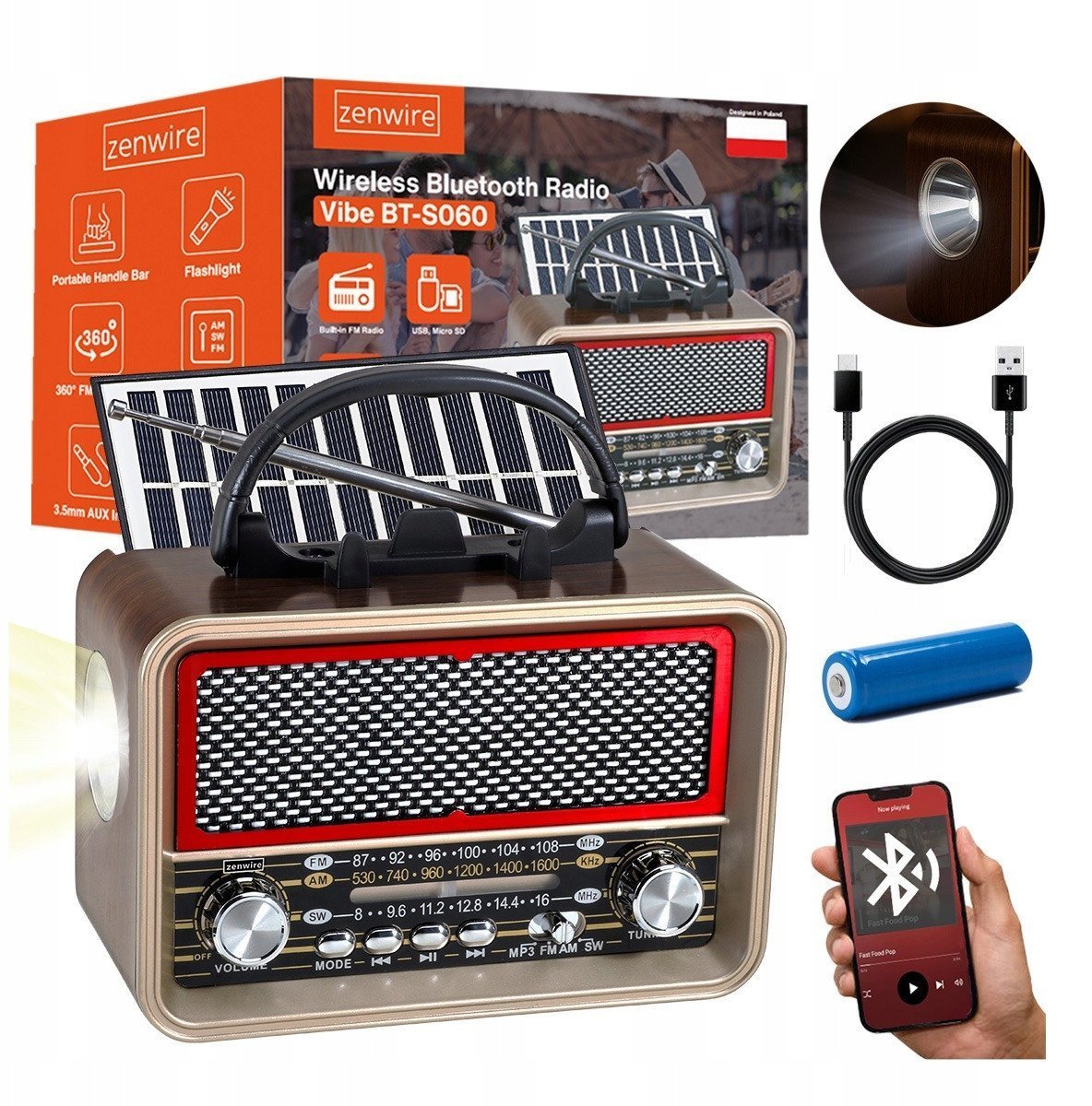 Retro FM Solarne Bluetooth Przenośne na Baterie Kuchenne Antena USB-C