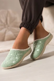 Miętowe kapcie damskie Inblu obuwie domowe z materiału typu baranek ozdobione sercami VG999966 - Kapcie damskie - miniaturka - grafika 1