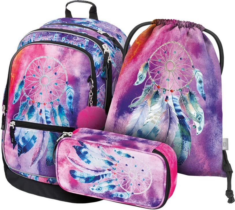 Plecak szkolny Baagl zestaw dziewczęcy 3 sztuki, tornister od 3 klasy, tornister do szkoły podstawowej z paskiem na klatkę piersiową, ergonomiczny plecak szkolny (łapacz snów)