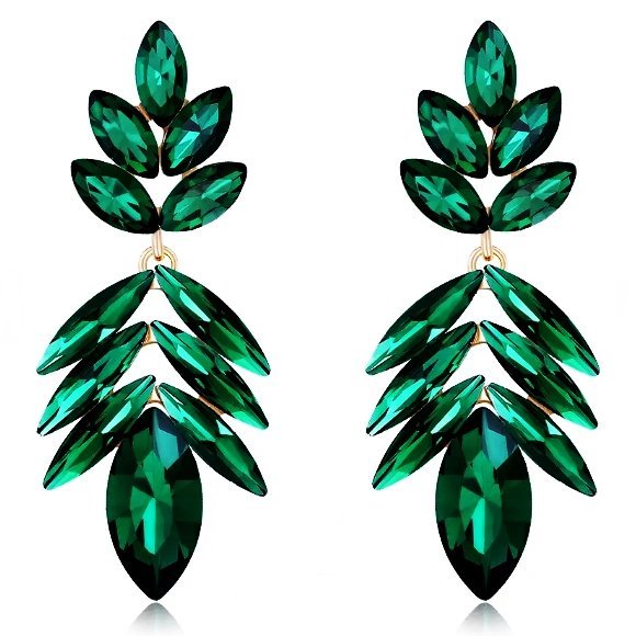 Długie Złote Kolczyki Krople Łezki Szmaragdowe Zielone Eleganckie