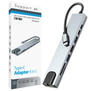 HUB adapter rozdzielacz USB-C do laptopa 8w1 USB 3.0 HDMI 4K LAN aluminiowy 100W - Huby USB - miniaturka - grafika 1