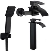 Baterie umywalkowe - Czarny zestaw bateria wysoka umywalkowa wannowa słuchawka - miniaturka - grafika 1