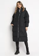Kurtki damskie - Czarna Długa Kurtka Pikowana Płaszcz na Zamek z Kapturem Lesea - miniaturka - grafika 1