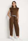 Dresy damskie - Brązowy Komplet Dresowy z Wiskozą Bluzka Bez Rękawów i Spodnie z Gumką w Talii Nitadora - miniaturka - grafika 1