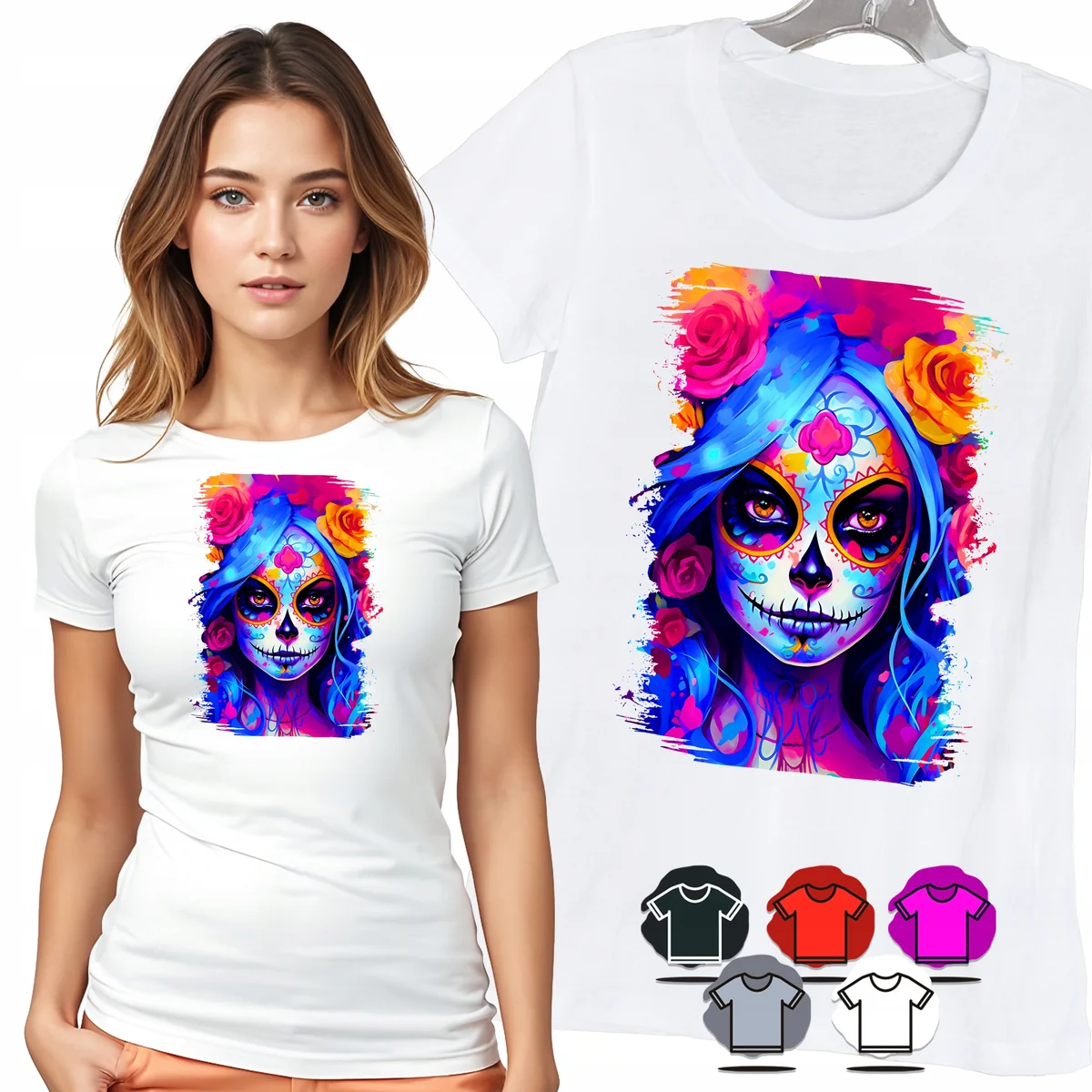 KOSZULKA DAMSKA T-SHIRT - SANTA MUERTE KOLOROWA CZASZKA KWIATY WZÓR - L
