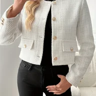 Kurtki damskie - TEMU Damska elegancka długa kurtka z tweedu z przodu z zamkiem na guziki - stylowa kurtka z okrągłym dekoltem na wiosnę/ jesień, jednokolorowa, z - miniaturka - grafika 1