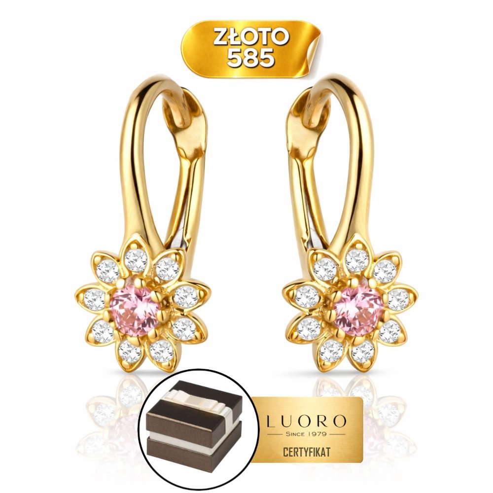 KOLCZYKI ZŁOTE 585 14K KWIATEK CYRKONIA RÓŻOWA BIAŁE KAMIENIE 13 MM
