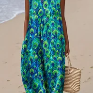 Sukienki - TEMU Letnia Sukienka Damska Bez Rękawów z Wzorem Pawia – Lekka, Kolorowa w Odcienie Niebieskiego i Turkusowego, Elegancka na Wakacje Plażowe, Okrągły - miniaturka - grafika 1