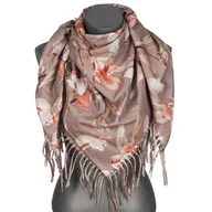 Apaszki i szaliki damskie - Chusta damska przejściowa w KWIATY na prezent z frędzlami RCC28-5 camel - miniaturka - grafika 1