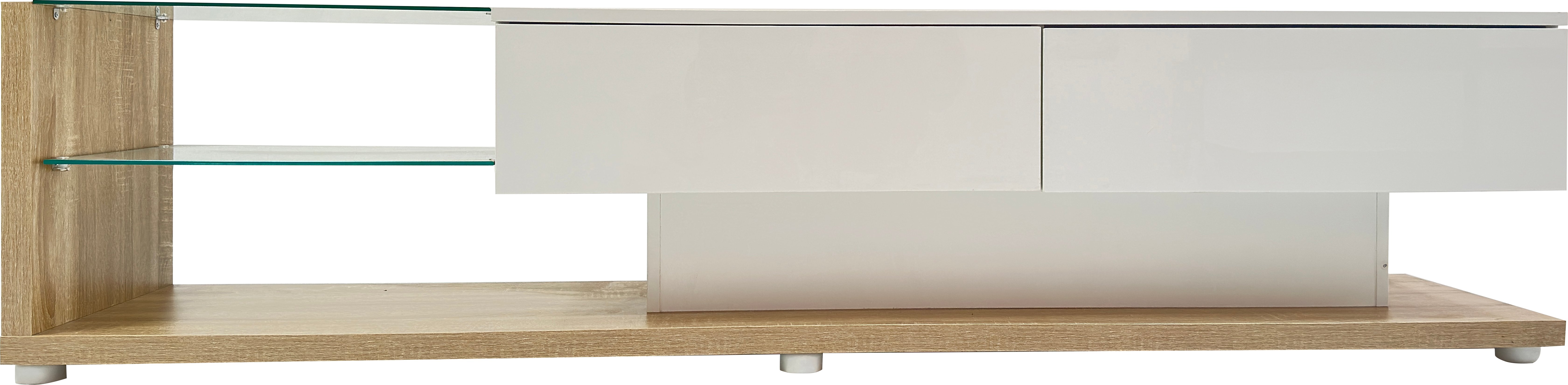 Merax TV lowboard ze szklanymi półkami i szufladami, szafka pod TV biały wysoki połysk z LED, szafka pod TV do salonu, szerokość 170 cm