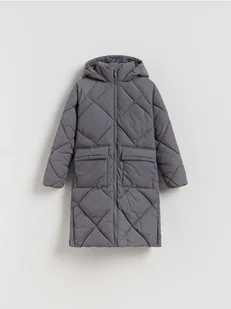 Reserved - Długi pikowany płaszcz z kapturem - ciemnoszary - Kurtki i płaszcze dla dziewczynek - miniaturka - grafika 1