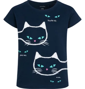 T-shirt z krótkim rękawem dla dziewczynki, z kotami, granatowy 9-13 lat - Bluzki dla dziewczynek - miniaturka - grafika 1