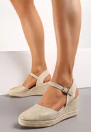 Sandały damskie - Złote Sandały na Plecionym Koturnie w Stylu Espadryli z Noskiem z Ekoskóry Beonira - miniaturka - grafika 1