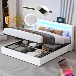 Łóżko tapicerowane Merax 160x200cm z podstawą łóżka i LED, hydrauliczne łóżko podwójne z Bluetooth i ładowaniem USB, imitacja skóry , drewniane łóżko do przechowywania, białe - Łóżka - miniaturka - grafika 1