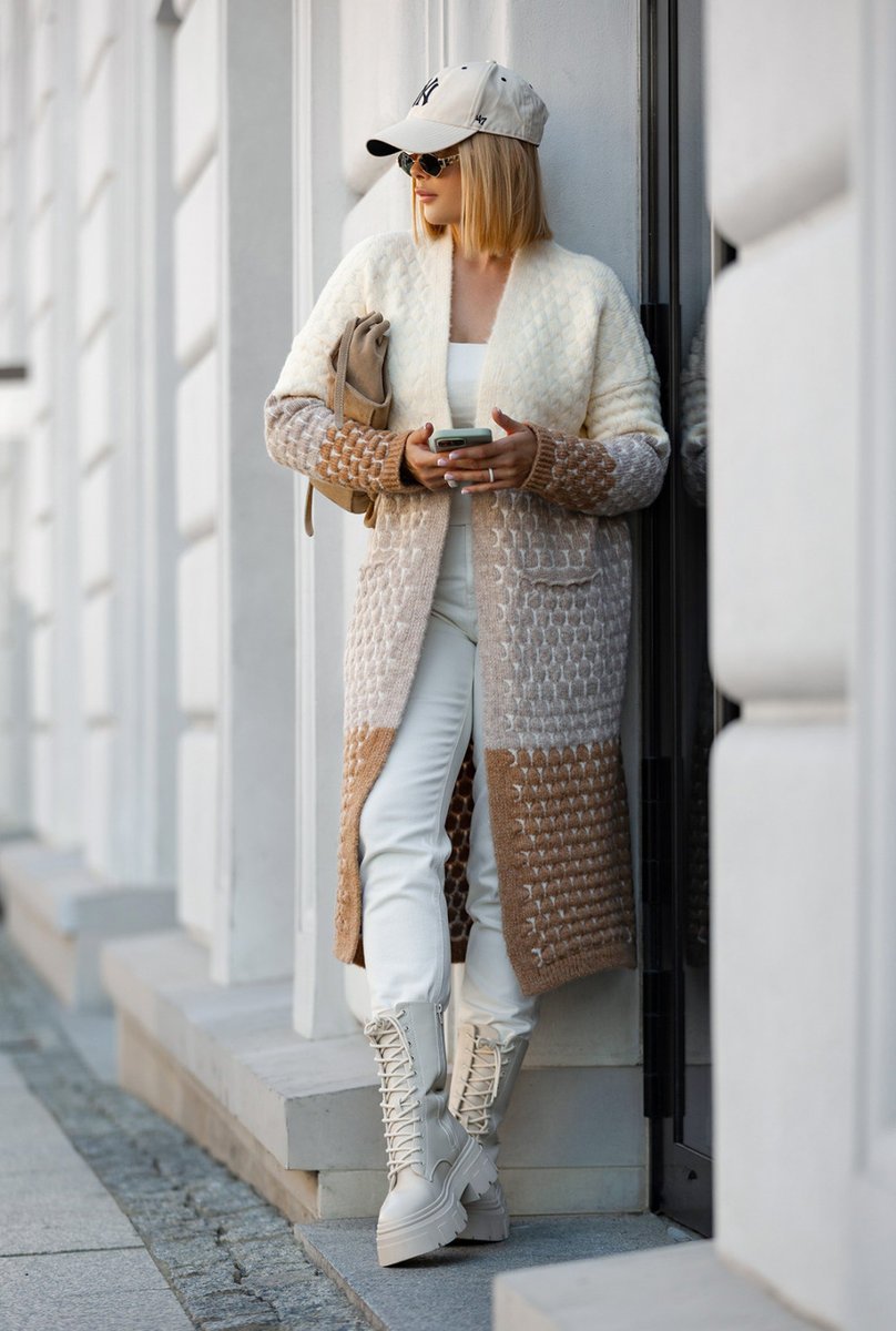 Długi, trójkolorowy kardigan - brązy One size Sploty