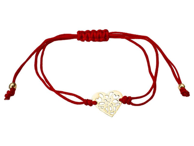 Szurkowa bransoletka ze złotymi kuleczkami 585 i ażurowym serduszkiem