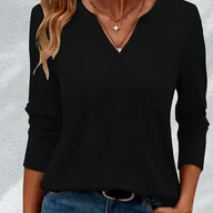 Bluzki damskie - TEMU Europejski I Amerykański Styl Jednokolorowy T-shirt Z Dekoltem W Kształcie Litery V I Średnim Rękawem - miniaturka - grafika 1