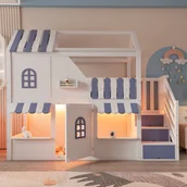 Łóżka dla dzieci i młodzieży - Łóżko piętrowe 90 x 200 cm z oknami, dachem, baldachimem i drzwiami - Sosna + sklejka + MDF - Diody LED - Niebieski + biały - miniaturka - grafika 1