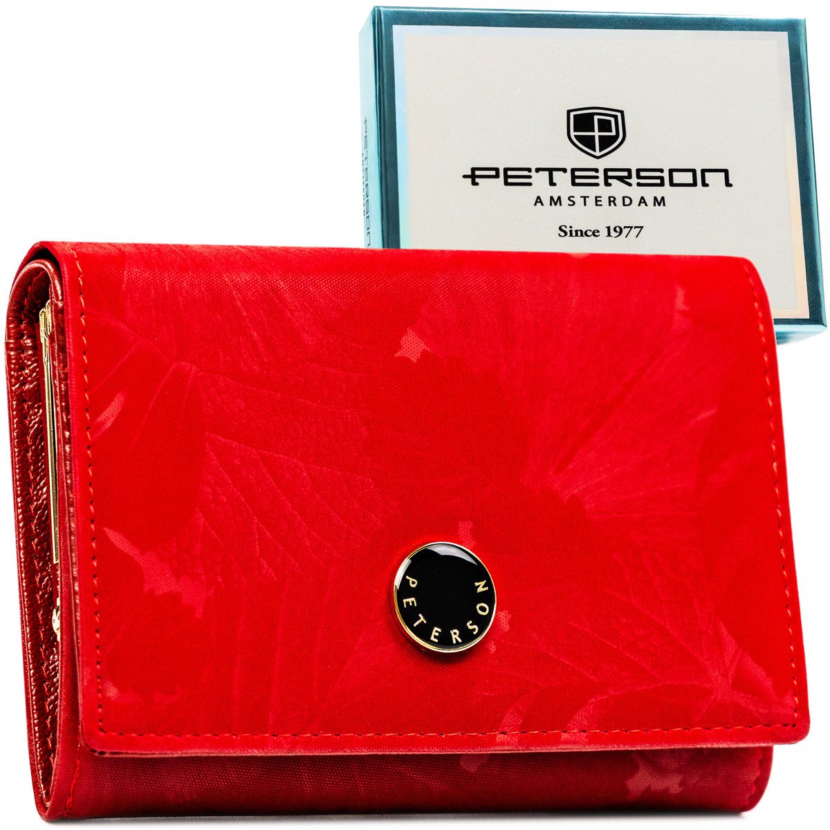 Czerwony portfel damski skórzany PETERSON rfid stop skóra naturalna i ekologiczna mały elegancki na zatrzask monety na bigiel pudełko prezentowe