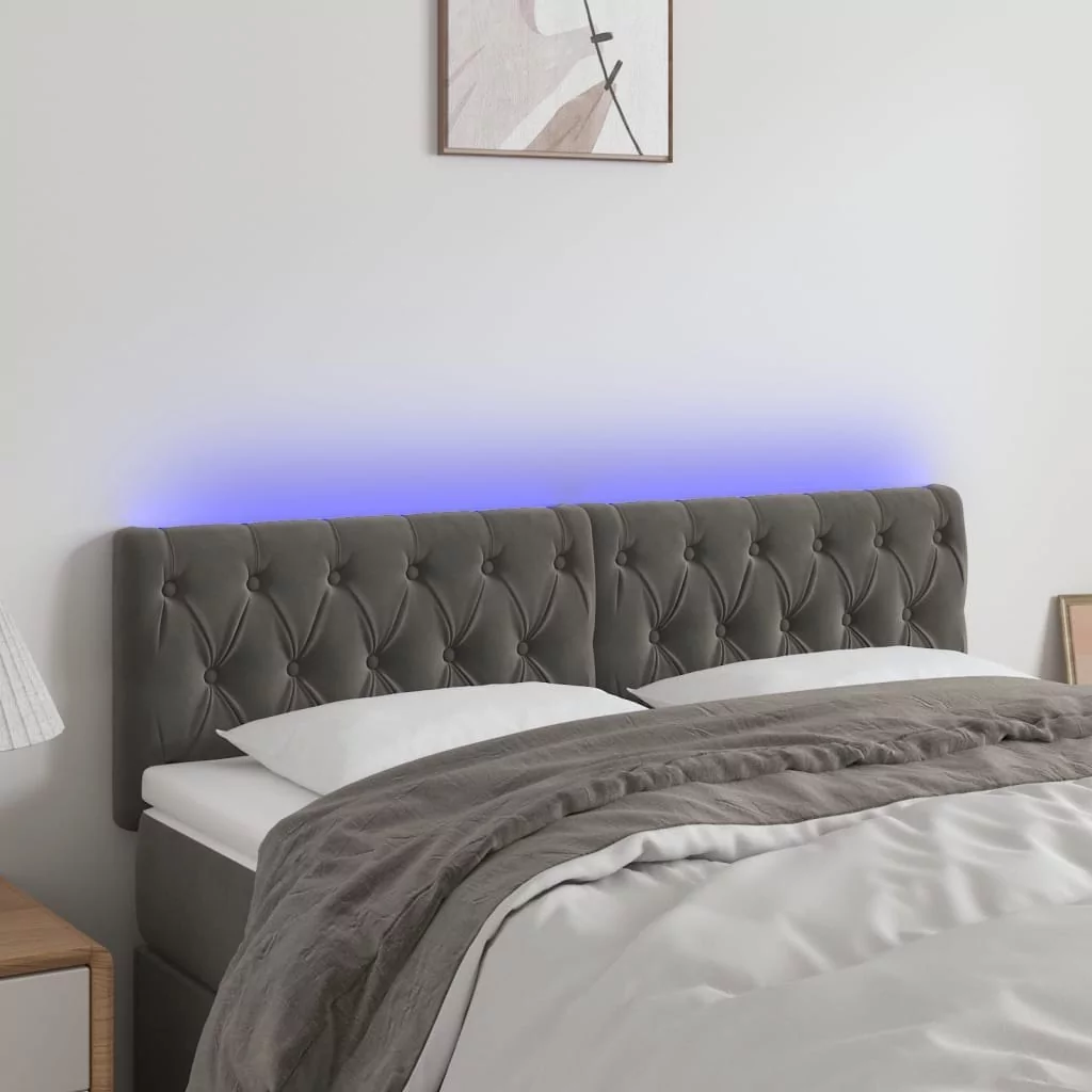 Lumarko Zagłówek do łóżka z LED, ciemnoszary, 160x7x78/88 cm, aksamit