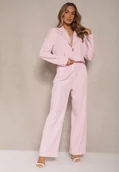 Komplety damskie - Różowy Komplet o Garniturowym Kroju ze Spodniami i Marynarką z Broszką Ravkio - miniaturka - grafika 1