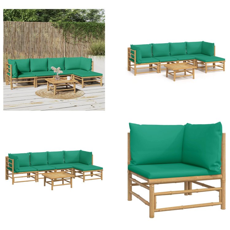 vidaXL 6-częściowy zestaw wypoczynkowy do ogrodu z zielonymi bambusowymi poduszkami - Zestaw wypoczynkowy do ogrodu - Zestawy wypoczynkowe do ogrodu - Zestaw wypoczynkowy - Zestaw mebli ogrodowych