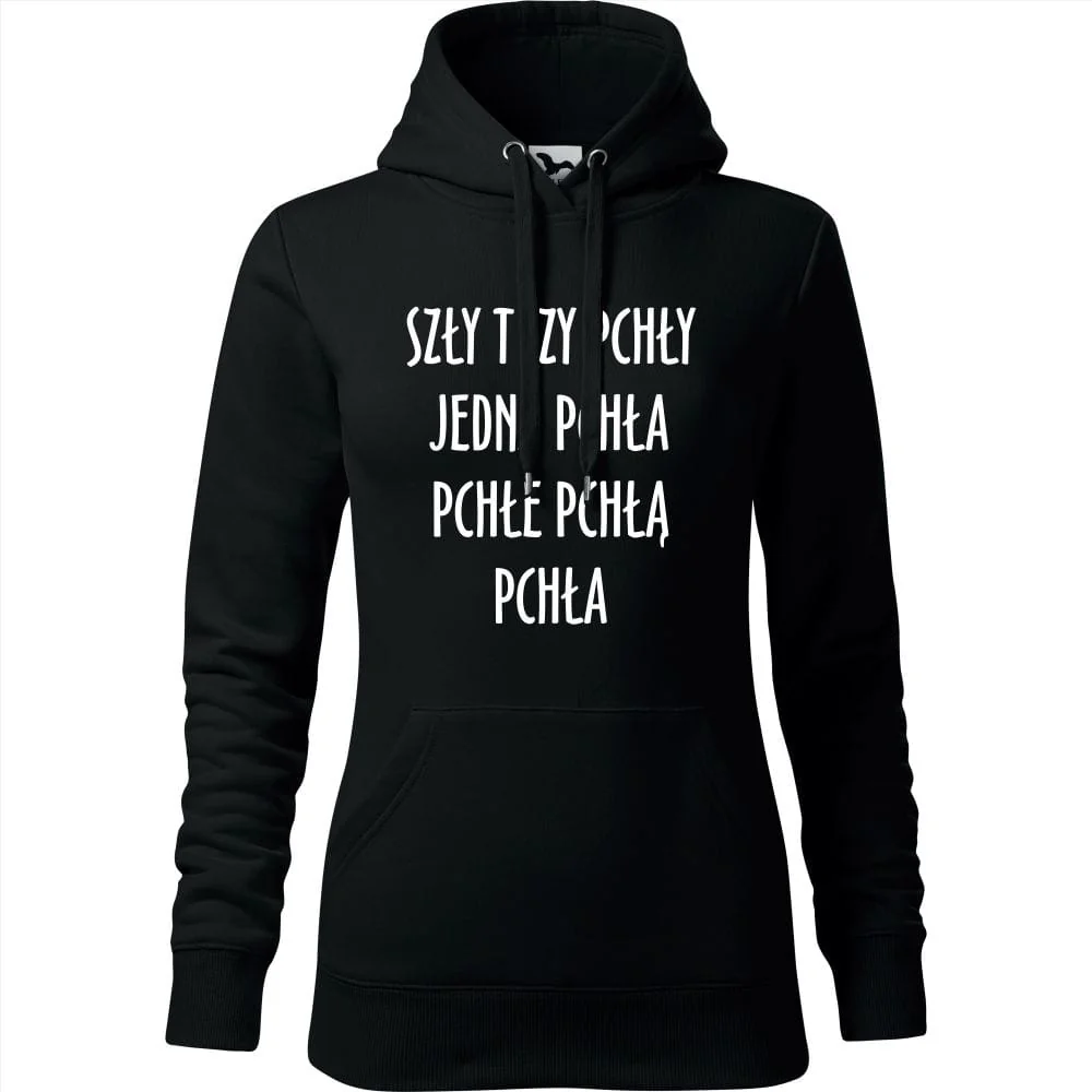 Damska Bluza Z Kapturem - Szły Trzy Pchły Jedna Pchła Pchłe Pchłą Pchła Czarny Xs