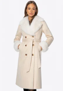 Dwurzędowy damski płaszcz z futrzanym kołnierzem kremowy - Płaszcze damskie Dwurzędowy damski płaszcz z futrzanym kołnierzem kremowy - Płaszcze damskie - miniaturka - grafika 1