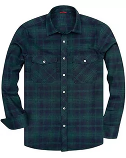 Koszule męskie - siliteelon Koszula flanelowa męska bawełniana koszula w kratkę Męska koszula z długim rękawem Regular Fit Casual Plaid Shirt, Głęboka zieleń, S - grafika 1