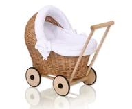 Wózki dla lalek - Wiklinowy wózek dla lalek pchacz z białą pościelką i miękką wyściółką- naturalny - miniaturka - grafika 1