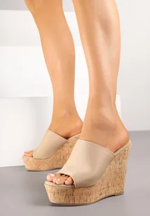 Beżowe Klapki na Koturnie i Platformie Glemissa - Klapki i japonki damskie - miniaturka - grafika 1