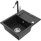 Zlewozmywaki z baterią - Mexen Enzo zlewozmywak granitowy 1-komorowy z ociekaczem i baterią kuchenną Flora, czarny/srebrny metalik - miniaturka - grafika 1
